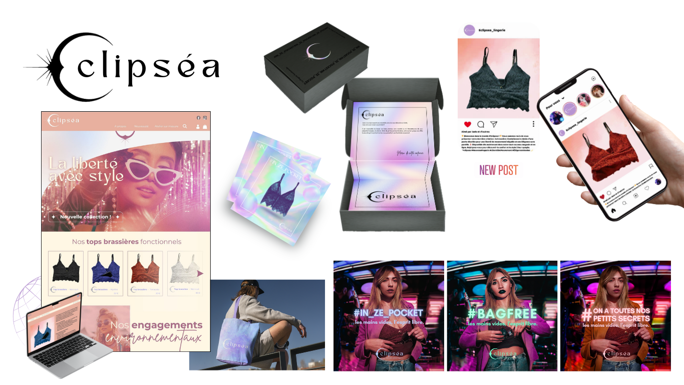 Eclyséa (2024) : Projet marketing, création d’une marque offrant au femme une liberté de mouvement et un sécurité totale. Proposant un top soutien gorge à poche pour ranger les essentiels. Éco-responsable, élégant et au design intemporel.