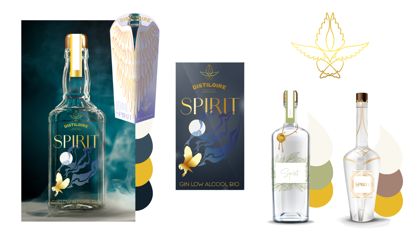 Esprit Distillatoire (2024) : Création d’une identité visuelle de son étiquette pour “Spirit”, un gin sans alcool de l’entreprise Distiloire de Benoit Chaigneau.