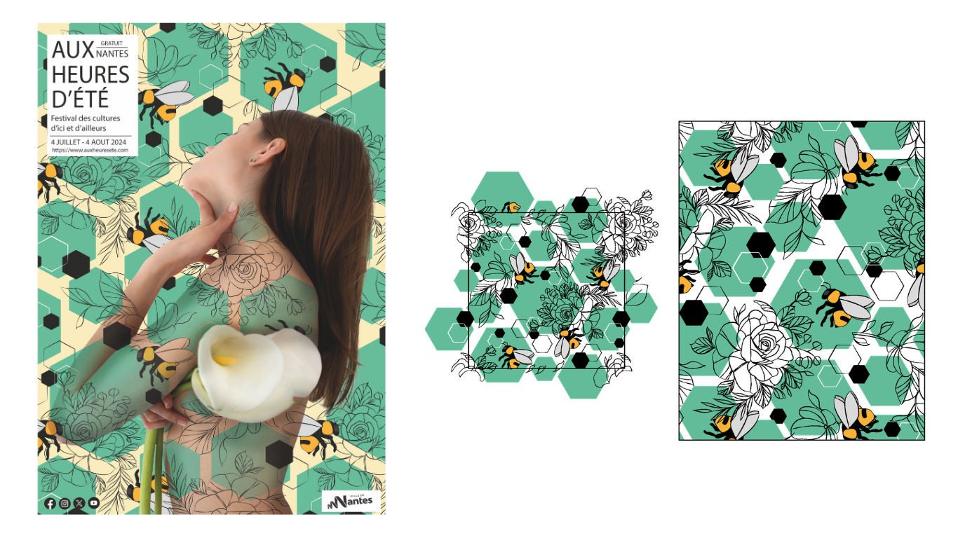 Aux heures d'été (2024) : réation d’une affiche avec un effet tatouage et création de motif