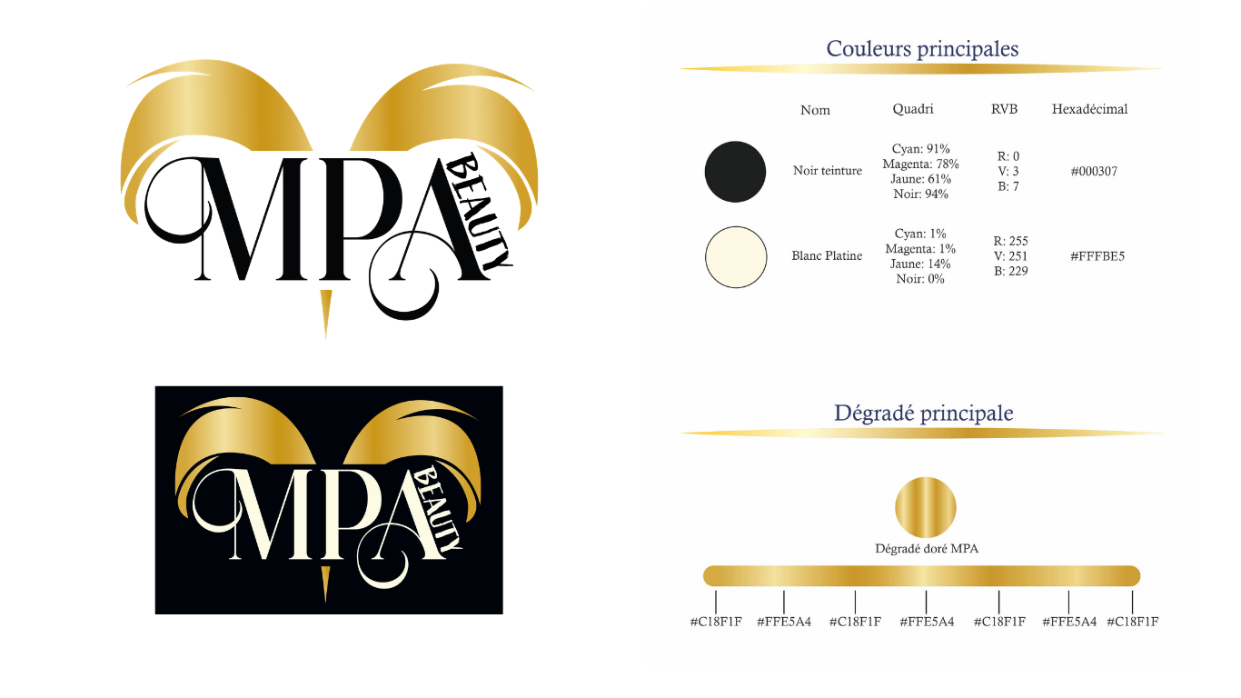 MPA Beautté (2025) : Identité visuelle avec le logo et la charte graphique d’une future entrepreneuse en vente en ligne de produit de coiffure, de mêche et de perruque de qualité