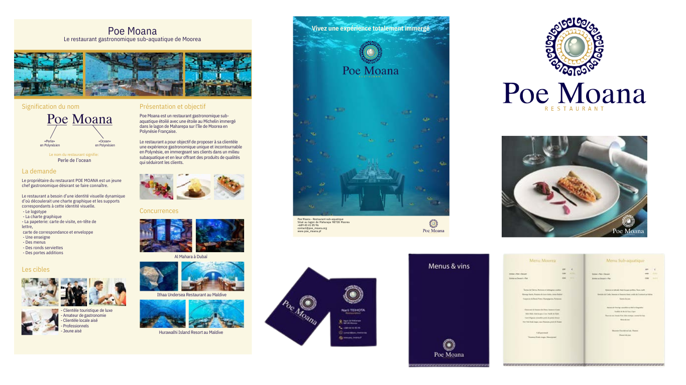 Poe Moana (2019) : Création de l’identité visuelle et des supports de communication d’un restaurant gastronomique subaquatique en Polynésie Française.