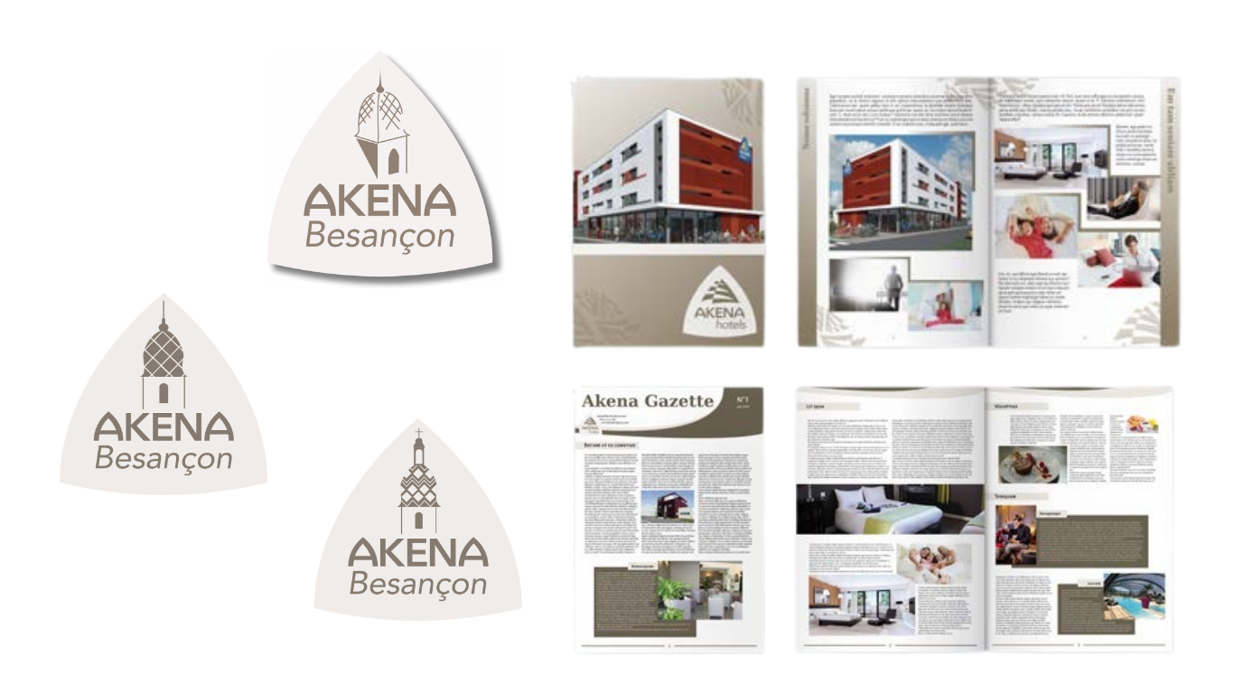 Akena (2018): Propositions de logo pour l’hotel Akena sur Besançon. Propositions de plaquettes pour présenter l’hôtel et d’une gazette pour parler des actualités dans l’hôtel Akena de Besançon.